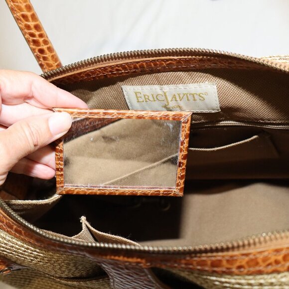 Eric Javits Women's Straw Rafia Shoulder Bag East West Design Croc Embossed Tan - Picture 12 of 13